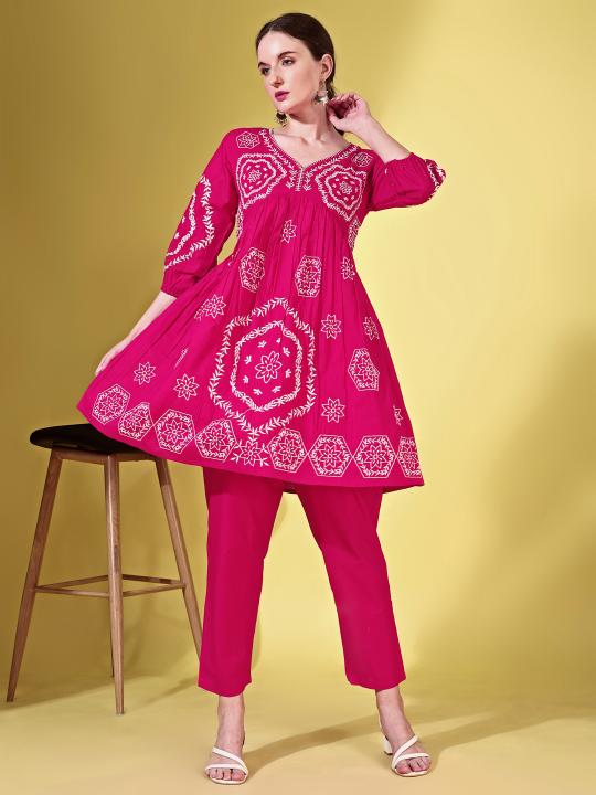 Fuschia color cotton with white thread embroidered tunic & trouser Co-ord set